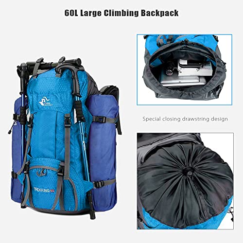 Bseash 60L Waterproof Hiking Camping Backpack with Rain Cover, Large Outdoor Sport Travel Daypack Rucksack for Climbing - color: Light Blue