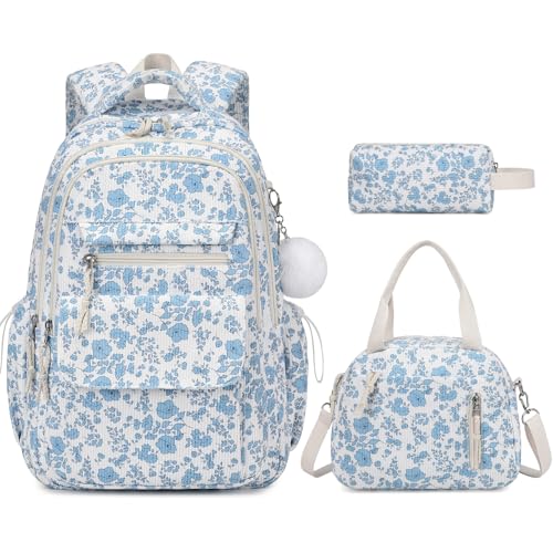 Bevalsa Backpack for Girls, 3PCS Corduroy Kids Backpack Set with Lunch Box & Pencil Pouch, Bookbag Daypack Laptop Bag for Women Teens Elementary Middle High School - color: Blue Floral