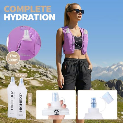 Running Vest Lightweight Packable Trail Hydration with 2 17oz Soft Flask Jogging Marathon Hiking Women Men - color: Purple, size: Small