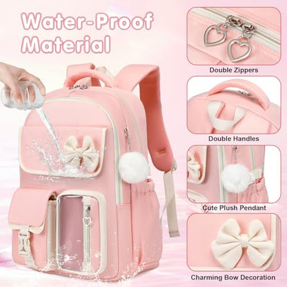 GeeWin Girls Backpack for School with Lunch Box & Pencil Case Set, 17 Inch Waterproof Cute Bow Girls Bookbag for Kids, Teens, Elementary Middle High College School Student (Pink/Beige) - color: Pink Beige