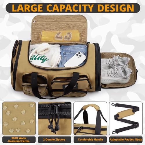 Expandable Gym Bag For Men,Tactical Large 3 in 1 Sports Duffle Bag With Shoes Compartment,Water Resistant Sports Gym Tote Bags Multi-functional Weekend Travel Backpack Overnight Bag - color: Brown