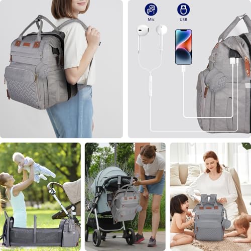 JOYCE Diaper Bag Backpack with Changing Pad, Water-Resistant, Grey | Portable changinag pad, insulated bottle pockets, stroller straps, pacifier case, Multi-Compartment storage - color: Grey