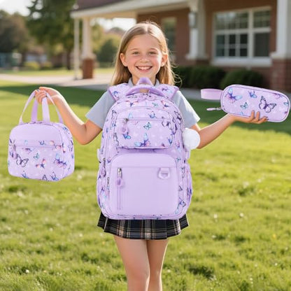 Bevalsa Backpack for Girls 3PCS Teen Girls Backpack for School with Lunch Bag Pencil Case Purple Cute Kids Laptop Backpacks Bookbag for Elementary Middle High School College Student (Butterfly) - color: Purple Butterfly