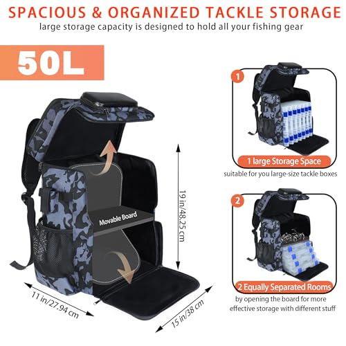 Fishing Backpack with Rod Holder and Tackle Boxes, Cooler, Large 50L Fishing Gear Bag with 139 Fishing Lures Kit, Fish Tool Set, Fish Gifts for Men Woman-Grey Backpack - color: Grey