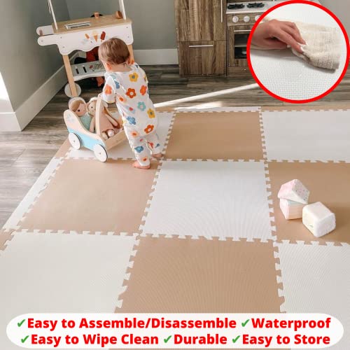 Extra Thick Baby Play Mat Tiles Non-Toxic Foam Floor Puzzle Mat Extra Large Interlocking Activity Playmat for Infants Toddlers Kids Crawling Tummy Time 74x74 Inches (Beige/White) - color: Beige/White