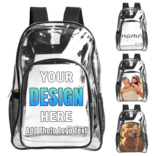17in Custom Clear Backpack, Personalized Photo Logo Text Transparent Backpack, Heavy Duty PVC See Through Bag for Stadium Sport Travel Camping Gift - color: Style 2