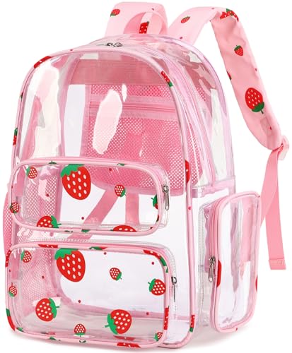 CAMTOP Clear Backpack Heavy Duty Transparent Bag See Through BookBag for Student School Work Festival Sport Travel (Clear Strawberry) - color: Clear Strawberry, size: Medium-17‘’