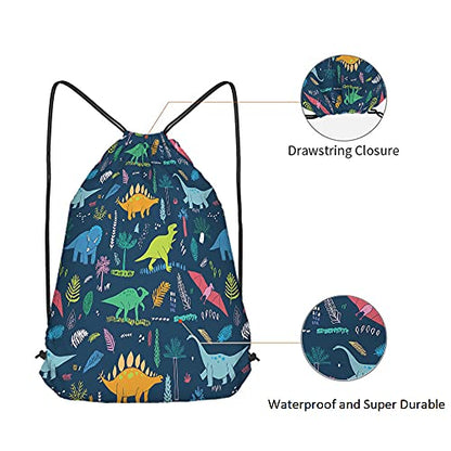 Dinosaur Drawstring Backpack Bag - Cute Cartoon Animal Funny Cool Colorful Dino Tropical Palm Leaf Sport Gym Sack Drawstring Bag for Men Women - color: Multi-a89