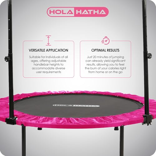 HolaHatha Foldable Mini Trampoline Fitness Rebounder for Home Gym Workouts – with 5-Level Adjustable Handle, Heavy-Duty Steel Frame, Portable Design, and Supports up to 440 Pounds