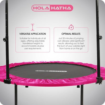 HolaHatha Foldable Mini Trampoline Fitness Rebounder for Home Gym Workouts – with 5-Level Adjustable Handle, Heavy-Duty Steel Frame, Portable Design, and Supports up to 440 Pounds