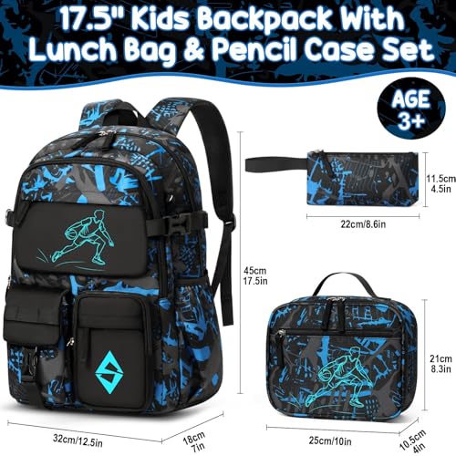 Fimibuke Backpack for School Boys, 3 PCS Cool Luminous Kids Backpacks with Lunch Box & Pencil Pouch, Toddler Teen Glow in The Dark Backpack Bookbag Schoolbag Set for Elementary to High School Students - color: Basketball