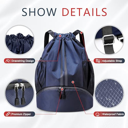 PinCute Drawstring Backpack for Women Men, Gym Bag for Soccer, Basketball, Swim, Beach, Water-Resistant Sports Backpack with Wet Pocket and Shoe Compartment, Navy Blue - color: Navy Blue