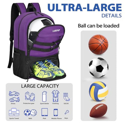 LARIPOP Soccer Backpack with Ball Holder & Shoe Compartment Large Capacity Sports Bag for Training - color: purple
