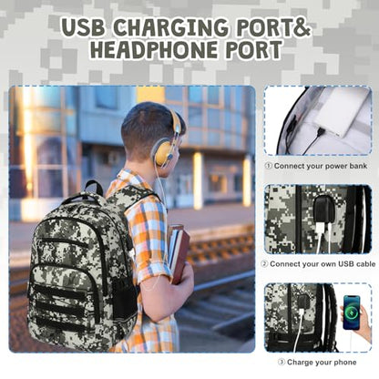 ACESAK Camo Backpack for Boys, Tactical Kids Backpack Boys, School Bags for Boy Children Teens Kids Elementary Middle High School, Military Bookbag and Lunch Bag Pencil Case Set with USB Charging Port - color: Camo Green