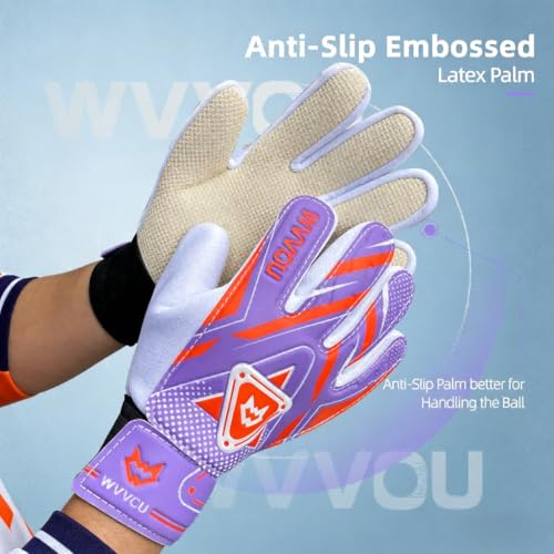 WVVOU Goalkeeper Gloves for Kids Youth, Soccer Goalie Gloves with Double Protection, Anti-Slip Soccer Gloves, Super Grip - color: Purple, size: 8