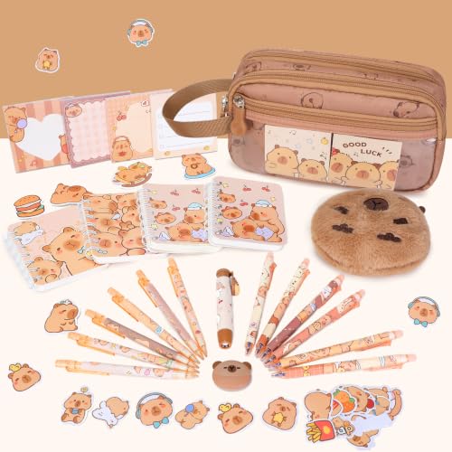 Capybara Theme Backpack for School Girls, 35PCS Kids Backpack Set with School Supplies Stationery Kit Lunch Box Pencil Case, Cute Girls Bookbag for Kindergarten Elementary Student - color: Brown