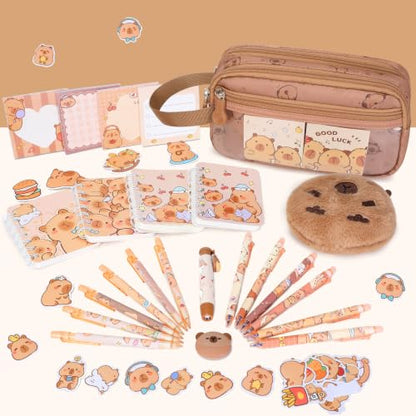 Capybara Theme Backpack for School Girls, 35PCS Kids Backpack Set with School Supplies Stationery Kit Lunch Box Pencil Case, Cute Girls Bookbag for Kindergarten Elementary Student - color: Brown