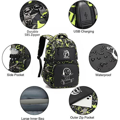 Kids Backpack for School, Boys Backpacks with USB Charging Port, College Elementary School Bookbag Lightweight Laptop Bag with Sling Bag, Green - style: Skateboard-green