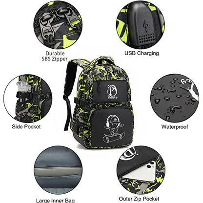 Kids Backpack for School, Boys Backpacks with USB Charging Port, College Elementary School Bookbag Lightweight Laptop Bag with Sling Bag, Green - style: Skateboard-green
