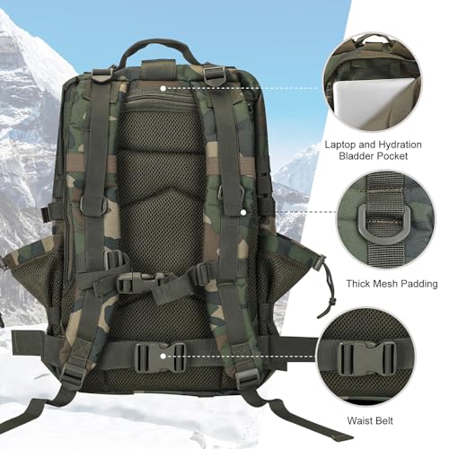 Hannibal Tactical 45L MOLLE Assault Backpack, Tactical Backpack Military Army Camping Rucksack with Bottle Holder, 3-Day Pack Trip w/USA Flag Patch, D-Rings, US Woodland - color: Us Woodland, size: 45L