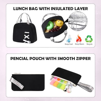 ACESAK Backpacks for Girls, Girls Backpack with Lunch Box and Pencil Case for Teen Kids Elementary Middle High School College Student, Children Backpack Bookbag with USB Charging Port (Black Plaid) - color: Black Plaid With Chain