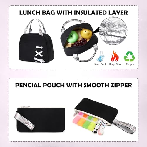ACESAK Backpacks for Girls, Girls Backpack with Lunch Box and Pencil Case for Teen Kids Elementary Middle High School College Student, Children Backpack Bookbag with USB Charging Port (Black Plaid) - color: Black Plaid With Chain