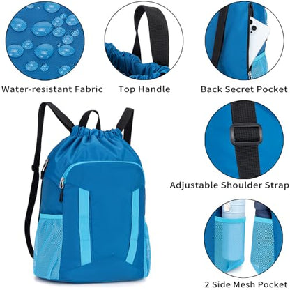 Drawstring Backpack Bag, Sport Gym Sackpack with Shoes Compartment - color: Blue