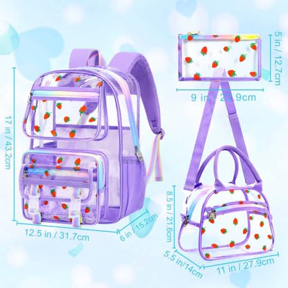 KLFVB Clear Bookbag Heavy Duty, 3PCS Girls See Through School Bag Set, Cute Transparent Backpack for Women - Strawberry Purple - color: Strawberry Purple Clear Backpack