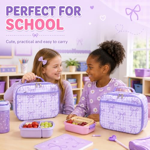 LEDAOU Lunch Box Kids Insulated Lunch Bag Girls Boys Toddler Reusable Lunchbox for School Picnic Hiking (Checkered-Purple Bow) - color: Checkered-Purple Bow