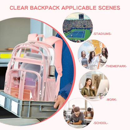Cusangel XL TPU Clear Backpack Heavy Duty for Stadiums, 18in School Bookbag Teens 15+ boys Girls and Adults Multi-Pocket Design & Reinforced Stitching (Pink-18inch) - color: Pink-18inch