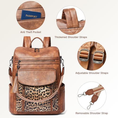 Shrrie Laptop Backpack for Women 15.6 inch,Travel Leather Backpack Purse Nurse Teacher Carry on Backpack Computer Bag,Professional Water-Resistant College Business Work Casual Daypack,Two-tone Maroon - color: Brown With Leopard
