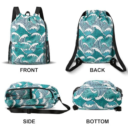 Drawstring Backpack with Mesh Pockets String Gym Bag Sackpack Sandproof Water Resistant Beach Backpack for Men Women - color: Blue Waves