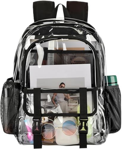 Clear Backpack, Large Clear Bag Stadium Heavy Duty PVC Transparent See Through Backpacks for Boys Girls, College, Work, Black - color: Black
