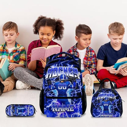 UNIKITTY Boys Hockey Backpack Set with Lunch Box & Pencil Case, Personalized Ice Hockey School Backpack 17 Inch Large Capacity, Water Resistant for Kids Teens - color: Blue