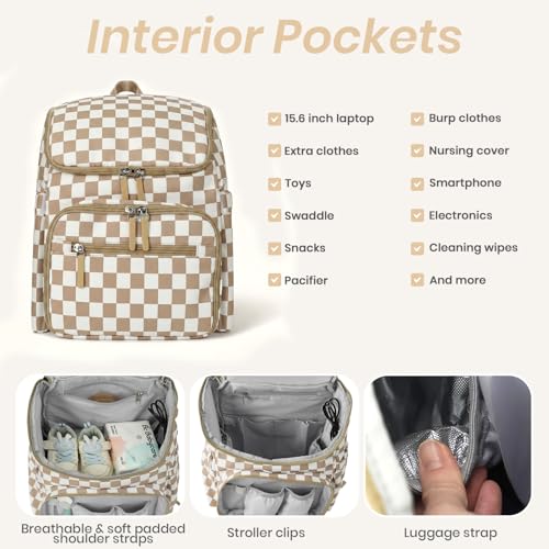 FHELAD Checkered Diaper Bag Backpack with Changing Pad & Stroller Clips, Large Travel Baby Diaper Bag for Newborn Moms, Baby Shower Gifts (Light Brown) - color: Light Brown