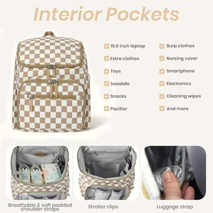 FHELAD Checkered Diaper Bag Backpack with Changing Pad & Stroller Clips, Large Travel Baby Diaper Bag for Newborn Moms, Baby Shower Gifts (Light Brown) - color: Light Brown