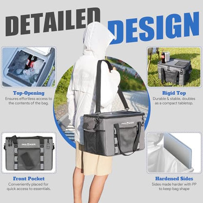 INSMEER Soft Cooler Bag with Hard Shell & 2 Cup Holders, Portable 40L/70 Cans Collapsible Cooler Bags Insulated with Leakproof for Travel, ice chests and Cooler Lunch Box for Beach Camping Picnic - color: Grey