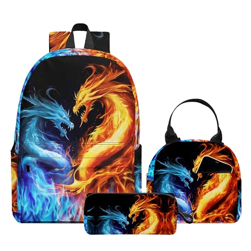 3PCS Backpack for Boys Girls, Kids Back To School Backpack Sets with Lunch Bag Pencil Case, Large Capacity 17 Inch Bookpack 3 in 1 Set for Teens Elementary Middle High School Students (Dragon) - color: Black Dragon