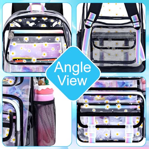 KLFVB See Through Backpack Heavy Duty, 3PCS Girls Clear School Bag Set, Cute Transparent Bookbag for Women - Chrysanthemum Black - color: Chrysanthemum Black Clear Backpack