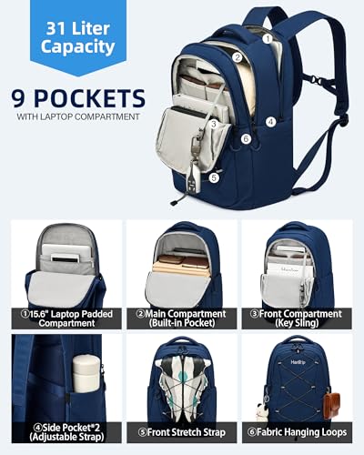 HanTrip Travel Laptop Backpacks for Women Men, Large Work Backpack for Commuter College School Book Bags, Reflective Water Resistant Backpack with Luggage Strap Bottle Pocket Chest Strap, Navy Blue - color: Navy Blue-2