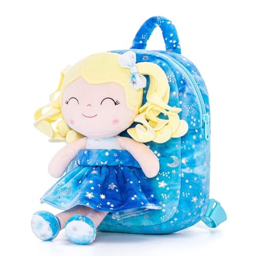 Gloveleya Toddler Backpack Baby Girl Gifts Plush Curly Girl Doll Backpacks Blue Dress with Glitter Stars 9 inches - color: A001 Hot Stamping Blue Backpack, size: 9 inches