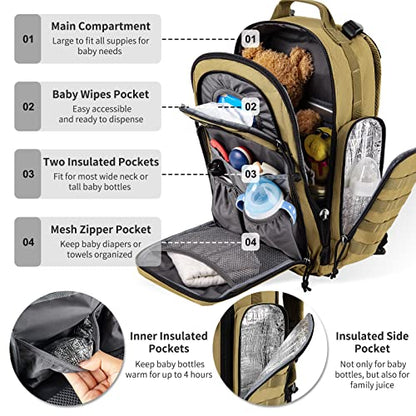 SHARKMOUTH Diaper Bag Backpack for Dad and Mom, Military Molle diaper Pack with Insulated Bottle Holders and Wipe Pocket - color: Tan