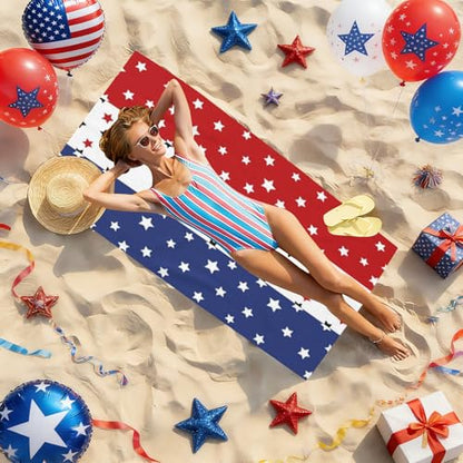 4th of July Stars Patriotic Beach Towel, Independence Day Gift Quick Dry Sand Free Absorbent Bath Towel, Memorial Day Microfiber Lightweight Towel Pool Travel Camping Gym Swim 30x60 Inch/ 77X153cm - color: Red Blue Stars Stripe
