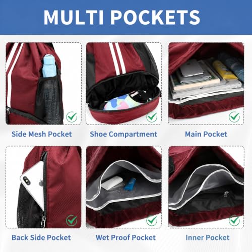 JELUTAR Drawstring Backpack Gym Bag with Shoes Compartment, Burgundy - color: Burgundy, size: Large