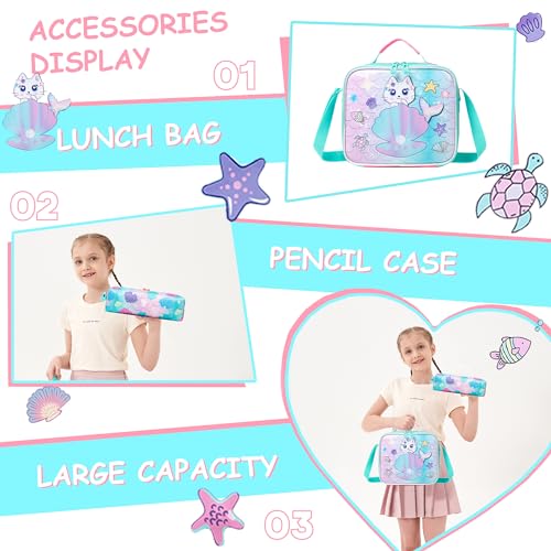 Meetbelify Cute Cat Backpacks for Girls School Backpacks for Elementary Students Ages 8-10 Kids Aesthetic Travel Backpack Large Capacity Laptop Bookbag with Lunch Box 3 in 1 Backpack Set for Girls - color: 04 Girl