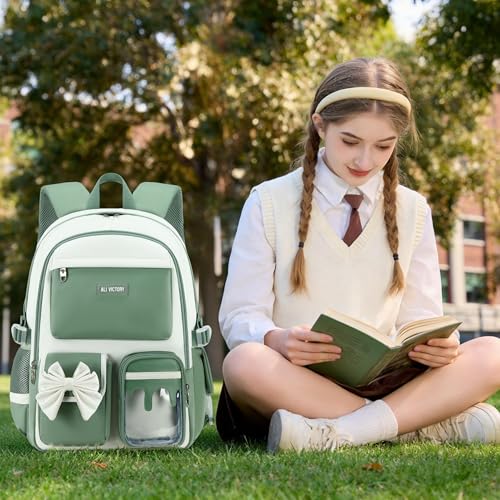 School Backpack for Girls 3PCS Nylon Kids Backpack Set with Lunch Box & Pencil Pouch, Cute Lightweight Teen Girls School Bag Laptop Bag Travel Daypack for Elementary Middle High School Beige Green - color: Green