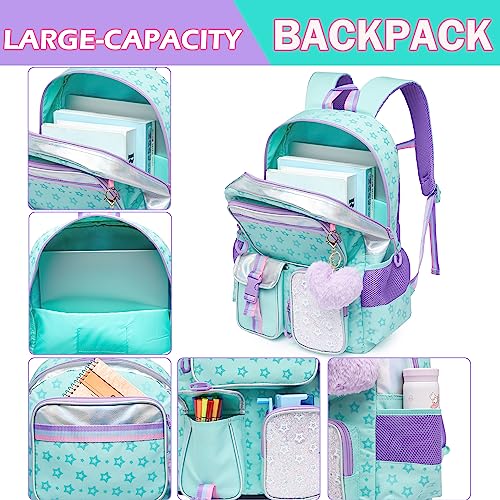 Meetbelify Aesthetic Backpack with Lunch Box Pencil Case for Elementary Students - Cute Bookbag for Girls 8-10 - color: Star Green 3pcs
