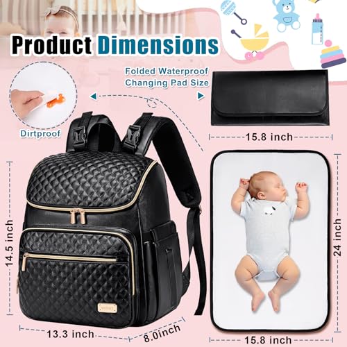Weitars Diaper Bag Backpack Leather Baby Diaper Bag with Changing Pad Travel Diaper Backpack,Baby Bag for Mom,Stroller Straps,5 Insulated Pockets (Black Leather) - color: Black Leather