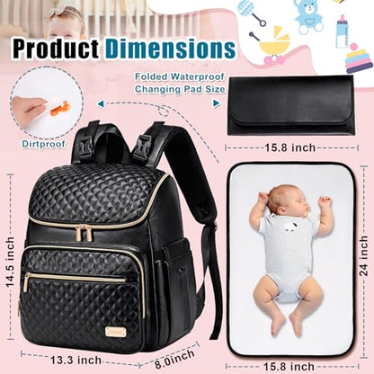 Weitars Diaper Bag Backpack Leather Baby Diaper Bag with Changing Pad Travel Diaper Backpack,Baby Bag for Mom,Stroller Straps,5 Insulated Pockets (Black Leather) - color: Black Leather