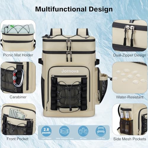 Insulated Cooler Backpack, 35L Leakproof Backpack with Double Compartments for Men & Women, Large Lunch Cooler for Camping, Beach, Travel, Picnic, Up to 48 Cans - color: Beige